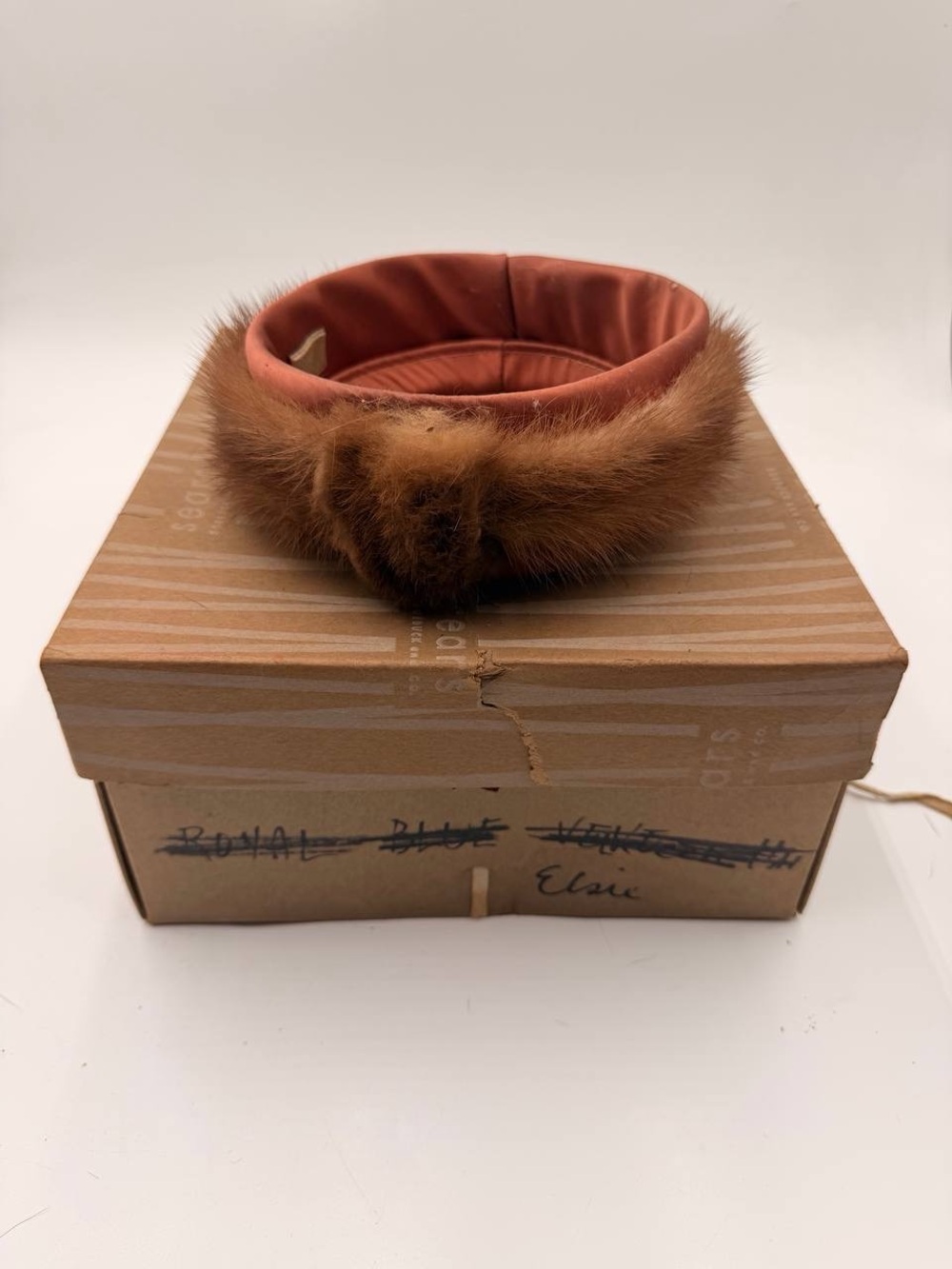 Vintage Women’s Mink Fur Trim Halo Hat Satin Lined Brown Coral Mid Century